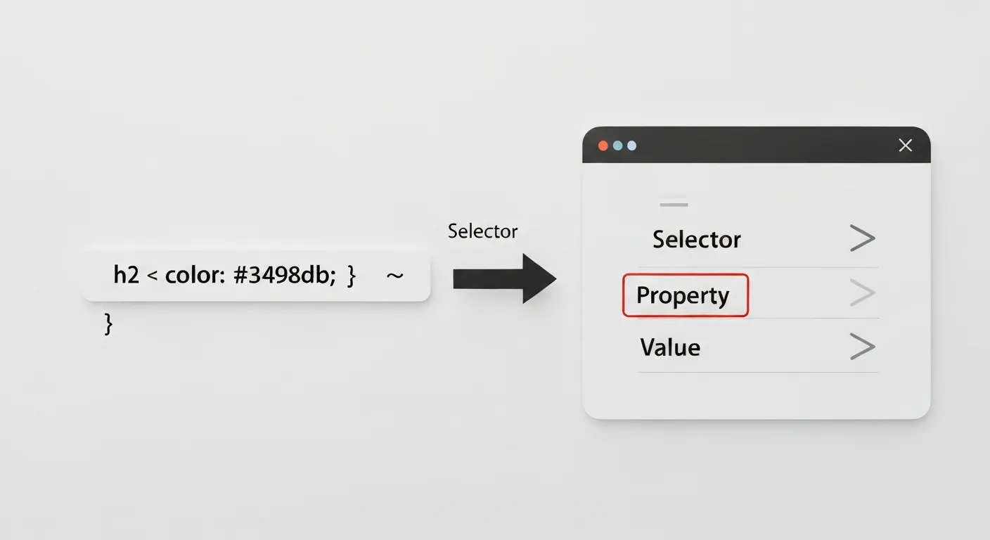 Grafika edukacyjna wyjaśniająca podstawową składnię reguły CSS. Pokazuje, jak selektor celuje w element HTML, a następnie właściwość i wartość w nawiasach klamrowych definiują jego styl, np. kolor tekstu.