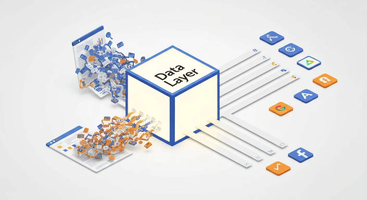 Ilustracja pokazująca, jak data layer działa jako centralny pośrednik, zbierając dane z interakcji użytkownika na stronie i przekazując je w ustandaryzowany sposób do różnych narzędzi analitycznych.