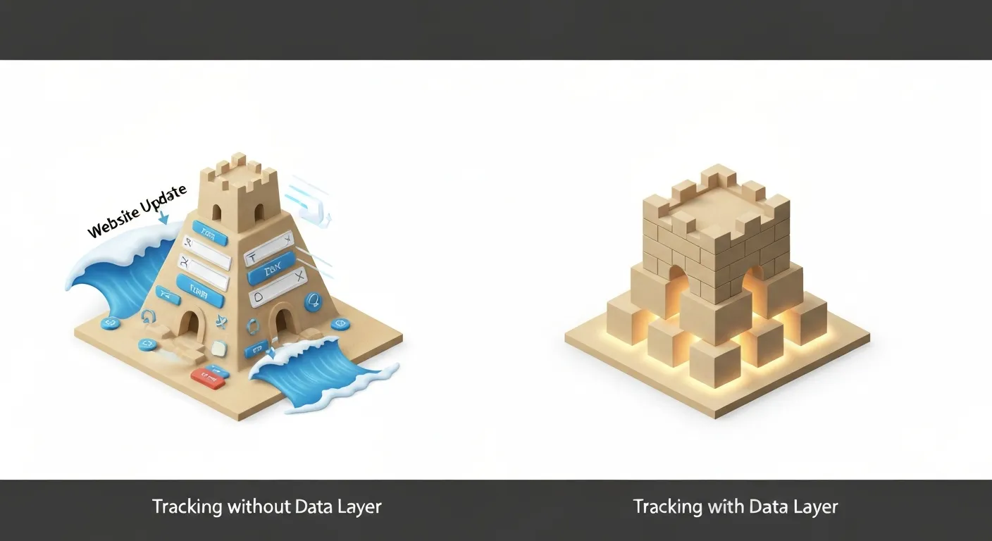Porównanie dwóch metod śledzenia: po jednej stronie kruchy zamek z piasku symbolizujący niestabilne śledzenie oparte na wyglądzie strony, a po drugiej solidna forteca na skale symbolizująca stabilne śledzenie dzięki data layer.