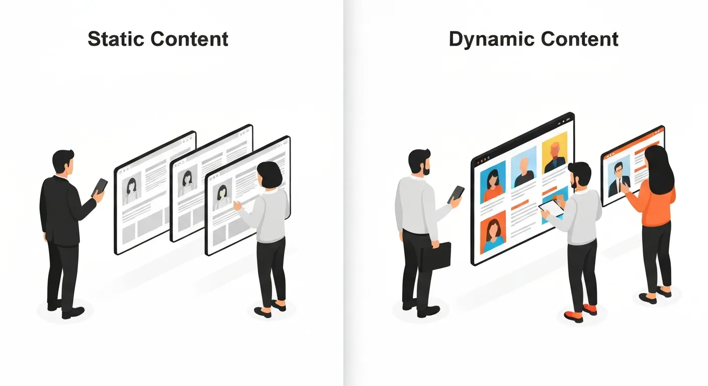 Graficzne porównanie contentu statycznego i dynamicznego. Po jednej stronie, trzech różnych użytkowników widzi tę samą, szarą stronę internetową. Po drugiej stronie, ci sami użytkownicy widzą trzy różne, kolorowe i spersonalizowane wersje tej samej strony.