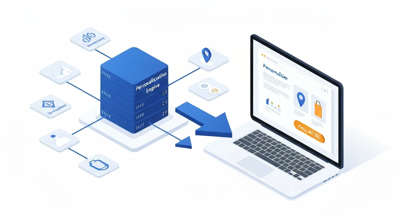 Schemat działania personalizacji w e-commerce. Silnik personalizacji analizuje dane o użytkowniku, takie jak historia zakupów i lokalizacja, a następnie wyświetla na jego ekranie dopasowane rekomendacje produktów i dynamiczne CTA.