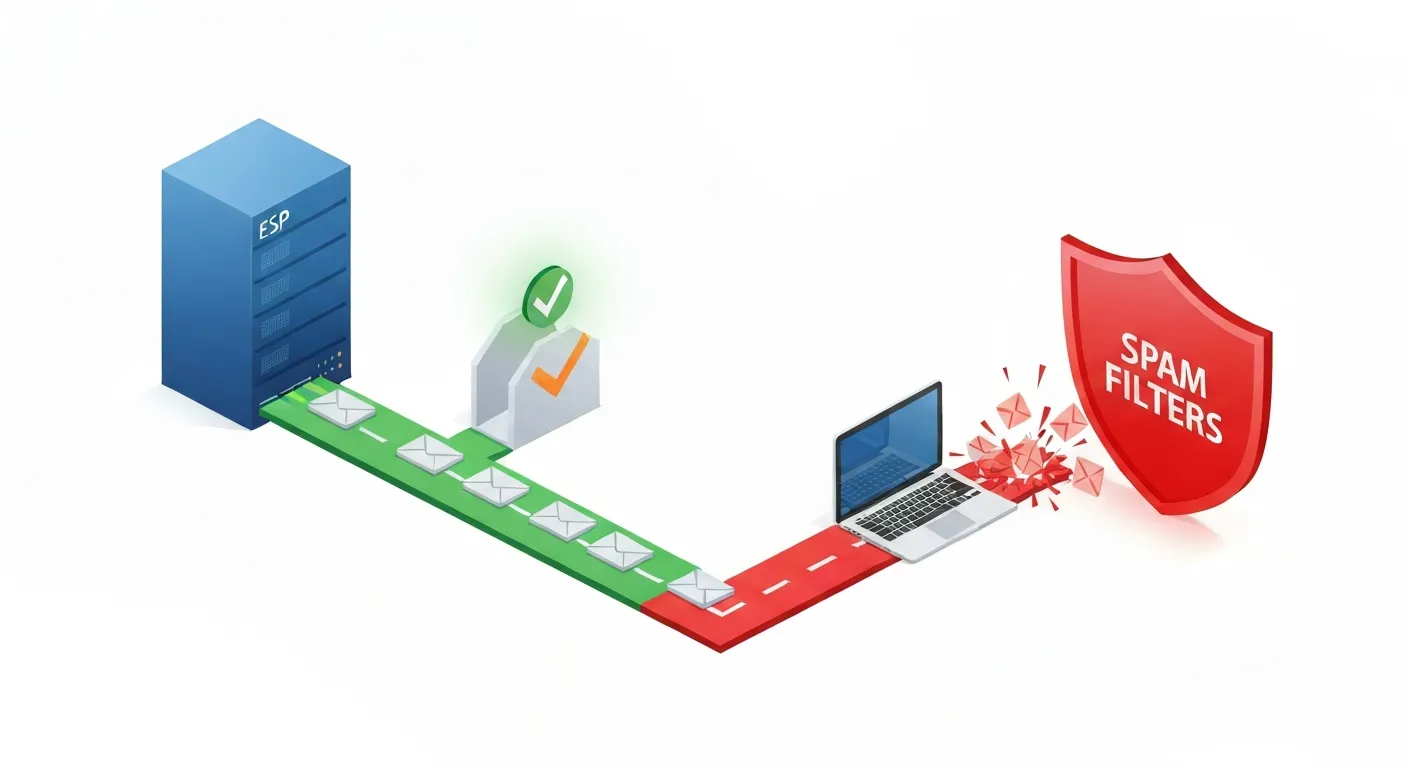 Ilustracja izometryczna pokazująca kluczową zaletę ESP - dostarczalność. Po jednej stronie, e-maile z serwera 'ESP' płyną gładką, zieloną ścieżką prosto do otwartej skrzynki odbiorczej. Po drugiej, e-maile ze zwykłego laptopa są blokowane przez dużą, czerwoną tarczę z napisem 'SPAM'.