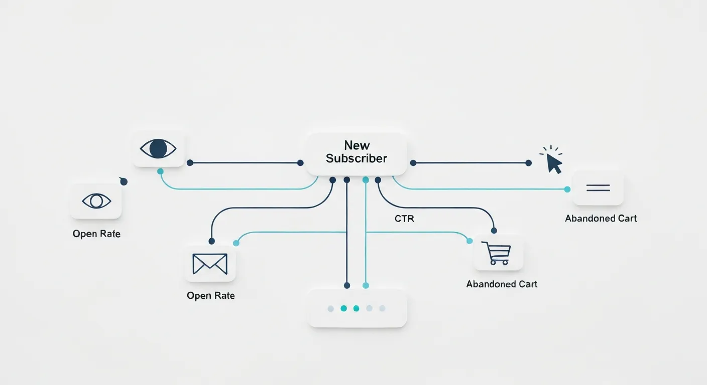 Wizualizacja schematu automatyzacji marketingu w systemie ESP. Centralny punkt 'Nowy Subskrybent' rozgałęzia się na różne ścieżki w zależności od działań użytkownika, takich jak 'Otwarcie maila' czy 'Porzucony koszyk', prowadząc do wysyłki spersonalizowanych wiadomości.
