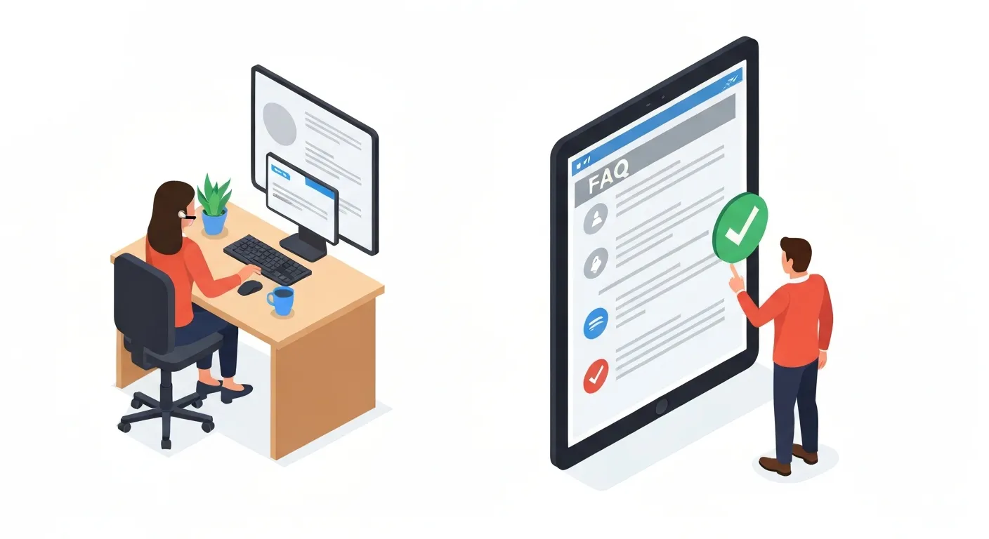An isometric illustration showing a customer service agent relaxing at their desk on one side, while on the other, a customer happily finds an answer on a website's FAQ page, demonstrating the reduction in support workload.