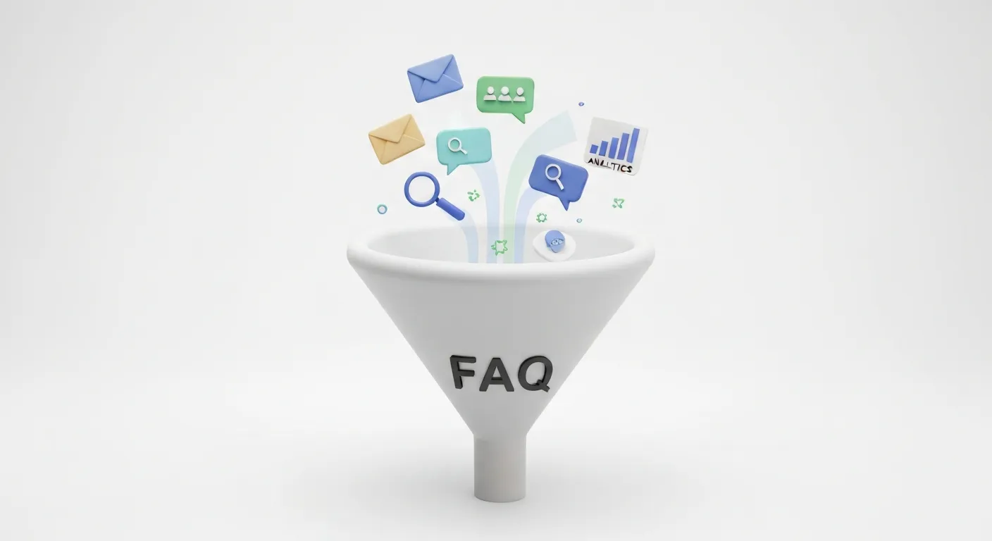 An abstract illustration of a central funnel labeled 'FAQ' gathering data streams from various icons representing sources of questions, such as email, social media, site search, and analytics.