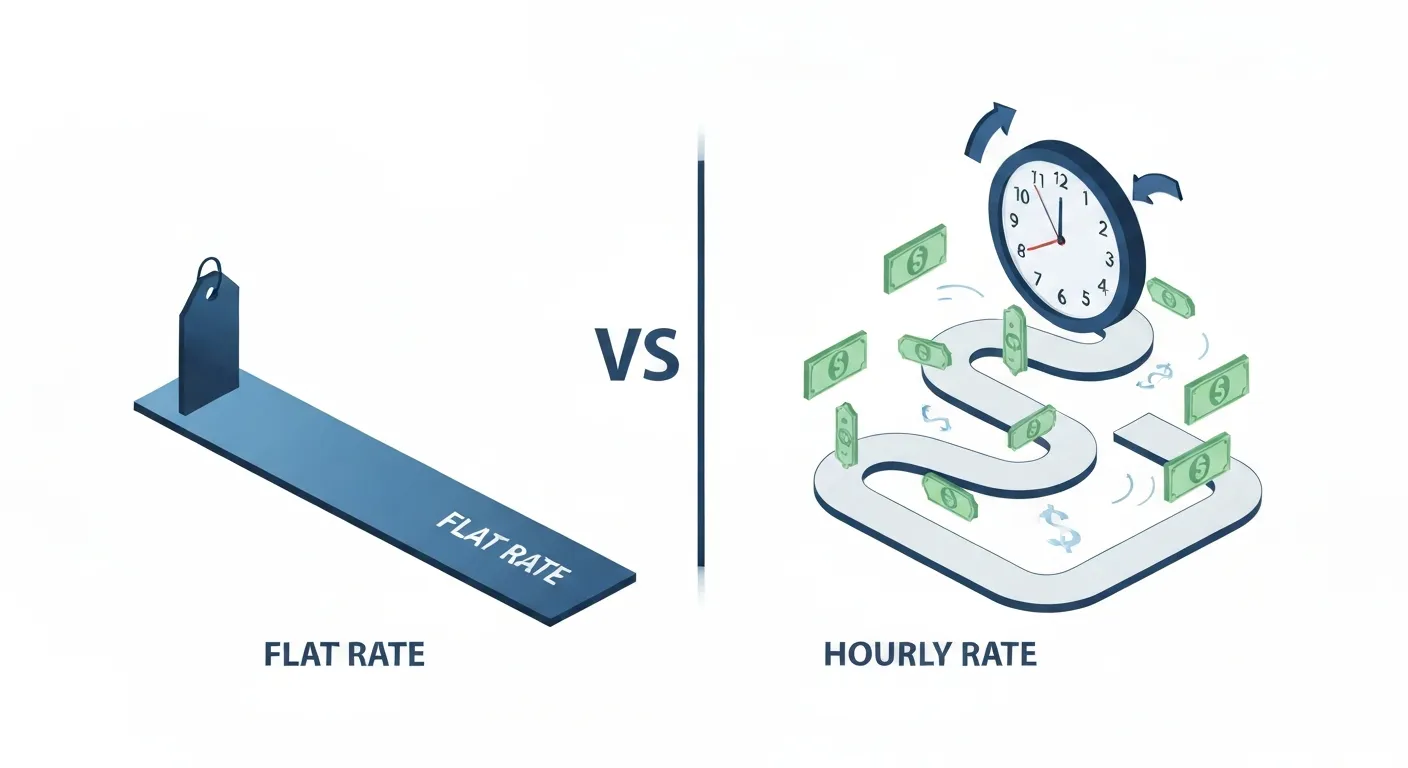 Wizualne porównanie modelu flat rate i rozliczenia godzinowego. Po lewej stronie jest prosta, prosta droga z jednym, stałym znakiem ceny. Po prawej jest skomplikowana, kręta droga z tykającym zegarem i rosnącymi monetami.
