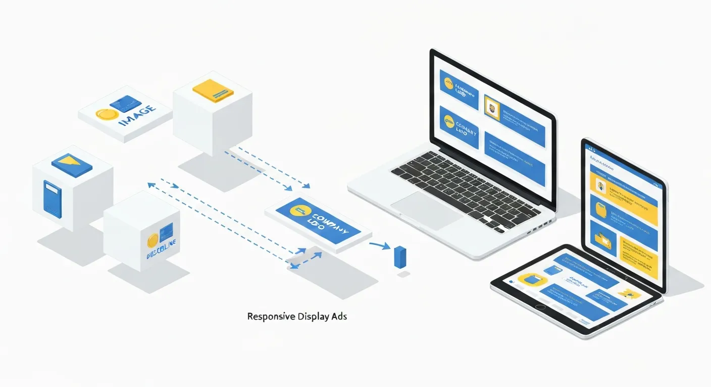 Izometryczna ilustracja pokazująca, jak sztuczna inteligencja Google tworzy elastyczną reklamę displayową. Po lewej stronie widać oddzielne zasoby, a po prawej gotowe reklamy dopasowane do ekranów laptopa, smartfona i tabletu.