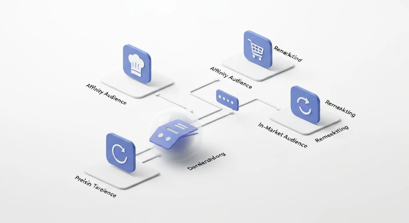 Wizualizacja danych ilustrująca zaawansowane targetowanie odbiorców w GDN. Centralny pulpit pokazuje różne segmenty użytkowników z ikonami zainteresowań i intencji zakupowych, do których precyzyjnie kierowane są reklamy.