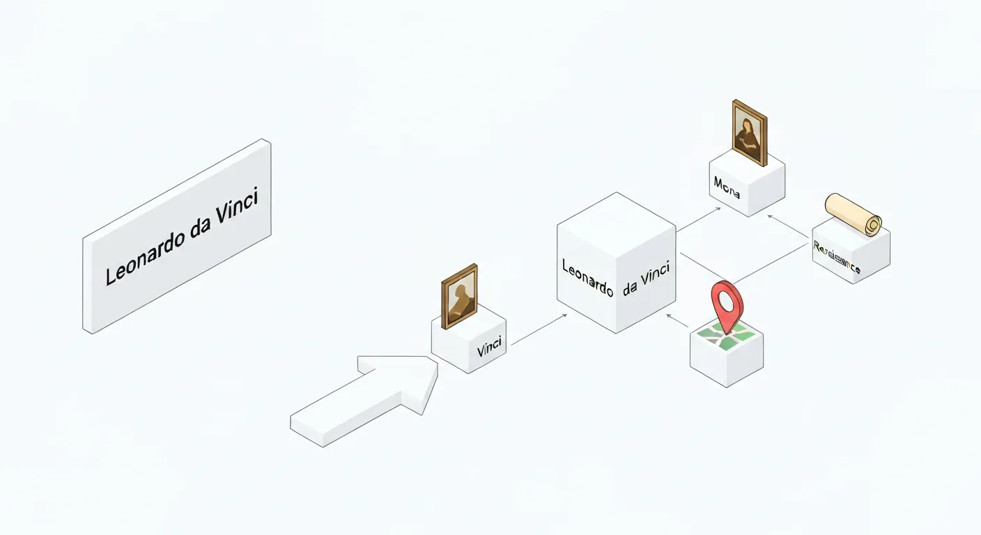 Ilustracja wyjaśniająca kluczową koncepcję grafu wiedzy: przejście 'od ciągów znaków do rzeczy'. Po jednej stronie znajduje się prosty blok tekstu, a po drugiej trójwymiarowy, połączony diagram encji z jej atrybutami i relacjami.