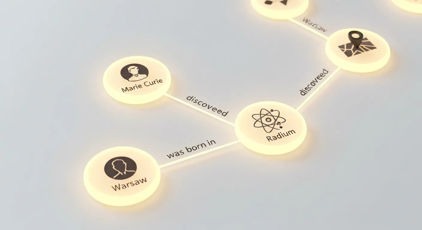 Wizualizacja struktury grafu wiedzy, pokazująca różne węzły (encje) takie jak osoba, miejsce i organizacja, połączone krawędziami (relacjami), które opisują ich wzajemne powiązania.