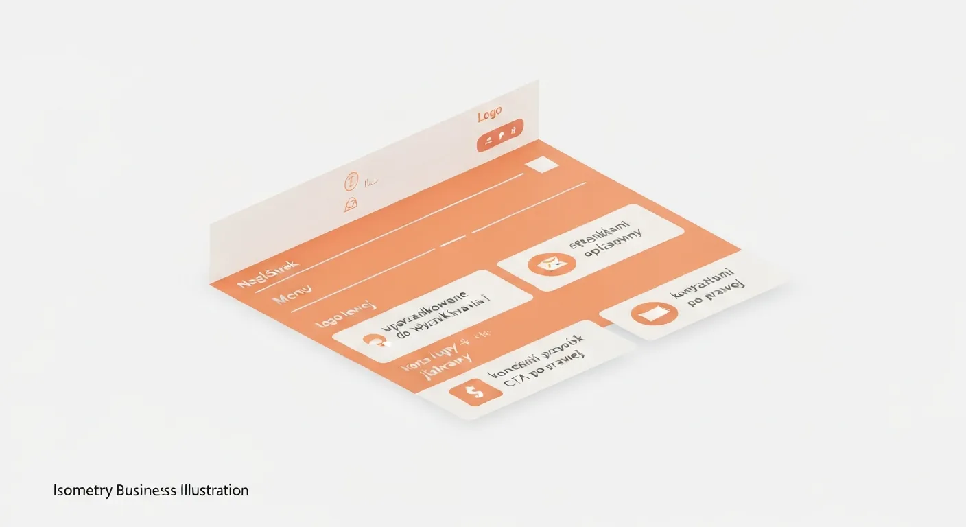 Ilustracja izometryczna pokazująca kluczowe elementy nagłówka strony internetowej, w tym logo, menu nawigacyjne, pasek wyszukiwania i wyróżniony przycisk wezwania do działania (CTA).