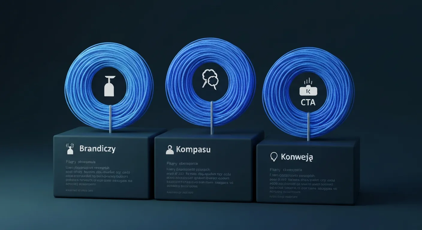 Wizualizacja trzech kluczowych funkcji nagłówka strony: Tożsamość Marki, Nawigacja i Konwersja, przedstawione jako trzy połączone ze sobą filary z symbolicznymi ikonami.