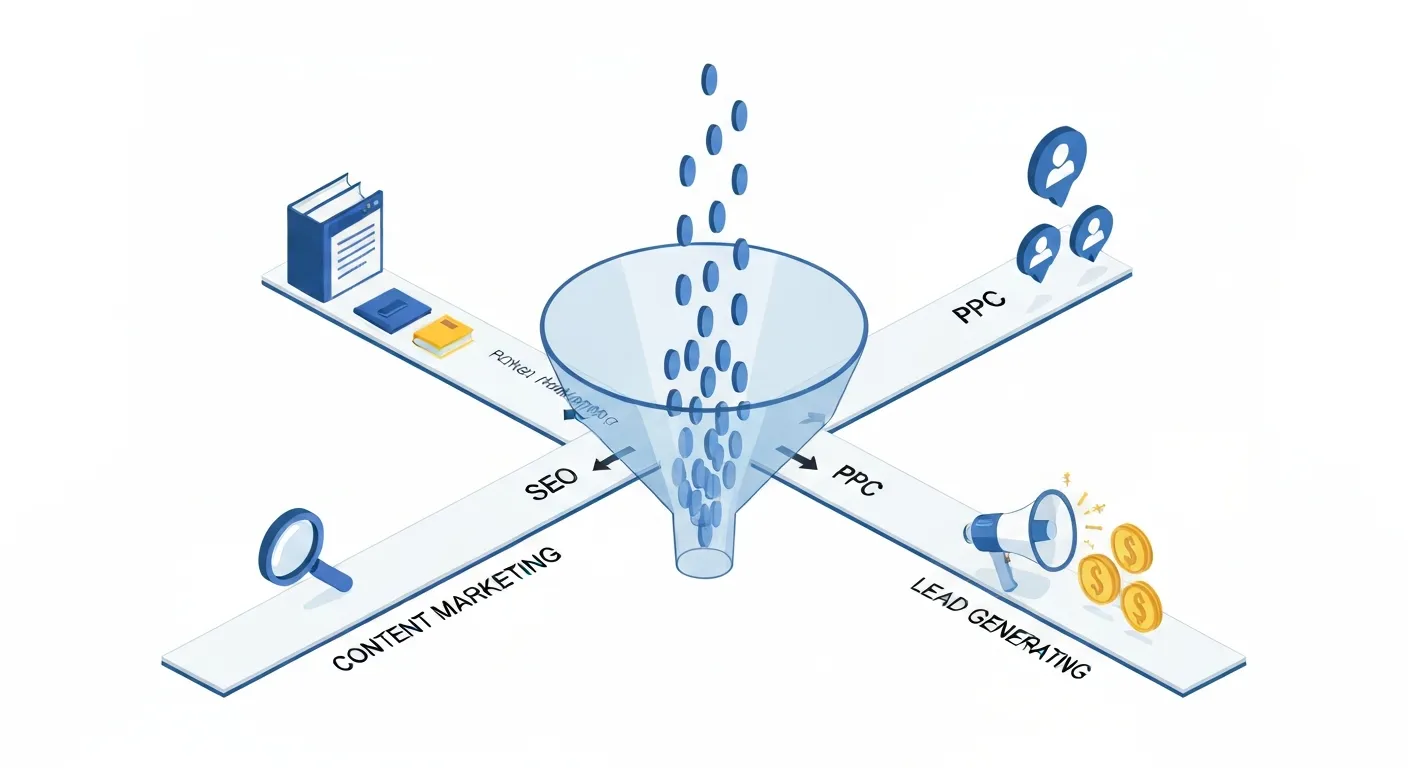 Izometryczna ilustracja przedstawiająca różne kanały pozyskiwania leadów, takie jak SEO, content marketing i PPC, które jako strumienie danych wpływają do centralnego lejka sprzedażowego.