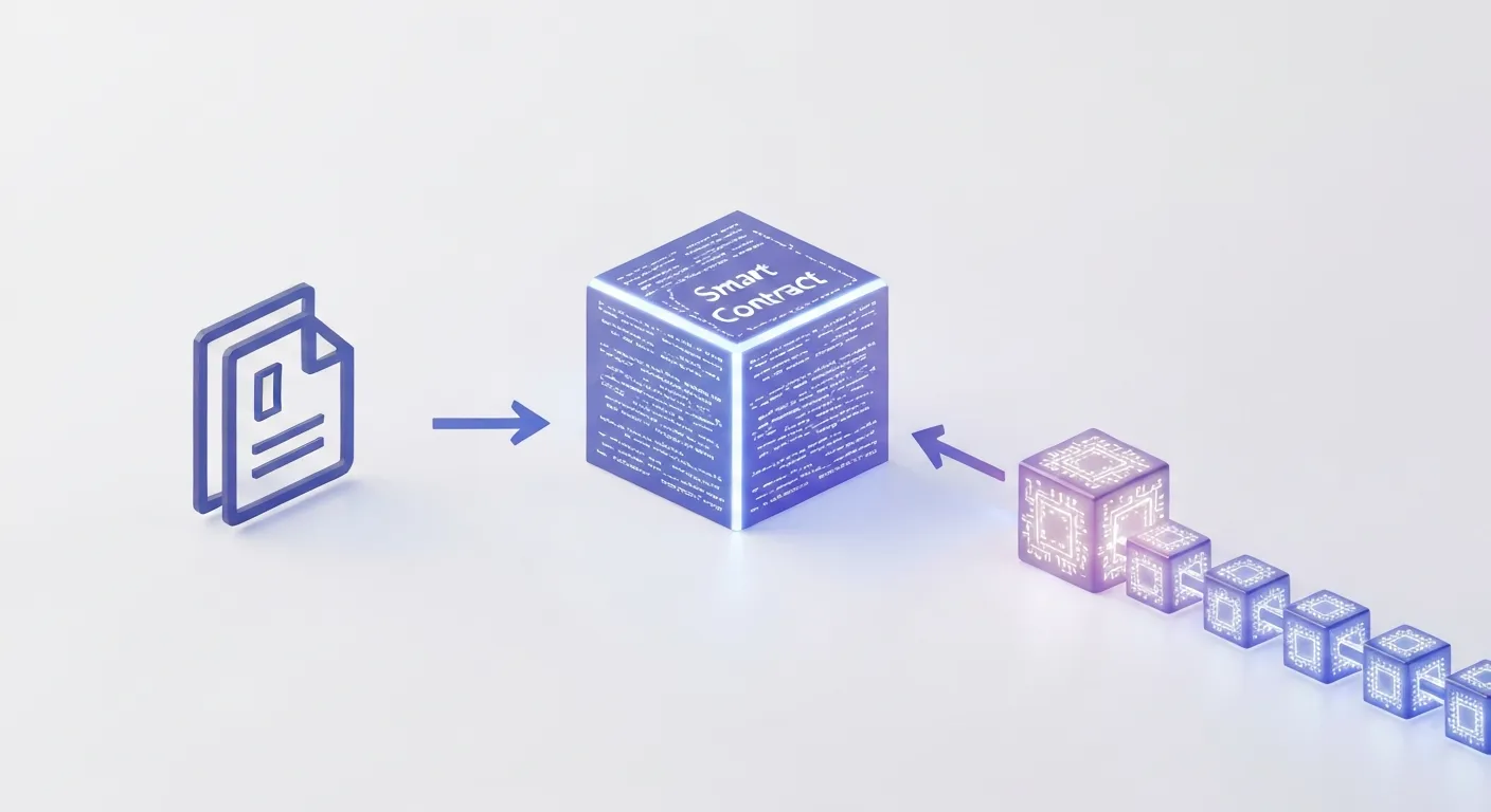 A conceptual diagram illustrating how an NFT is created through a smart contract and recorded on the blockchain. A digital file enters a smart contract and becomes a unique, secured block in a digital chain.