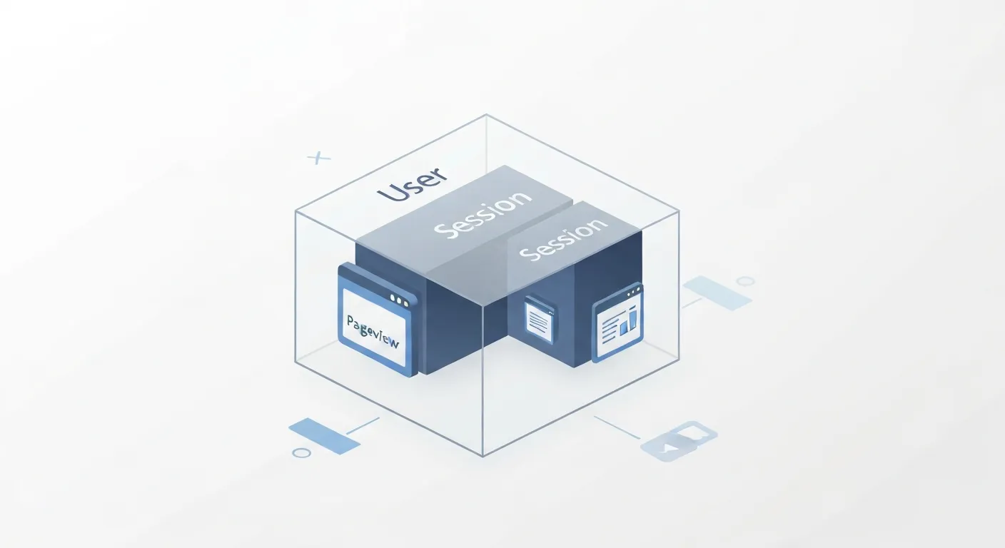 Wizualizacja hierarchii metryk analitycznych w formie matrioszki: duża, stylizowana postać symbolizująca 'Użytkownika' zawiera w sobie dwa mniejsze bloki 'Sesji', a każda sesja zawiera kilka jeszcze mniejszych ikon stron internetowych, reprezentujących 'Pageviews'.