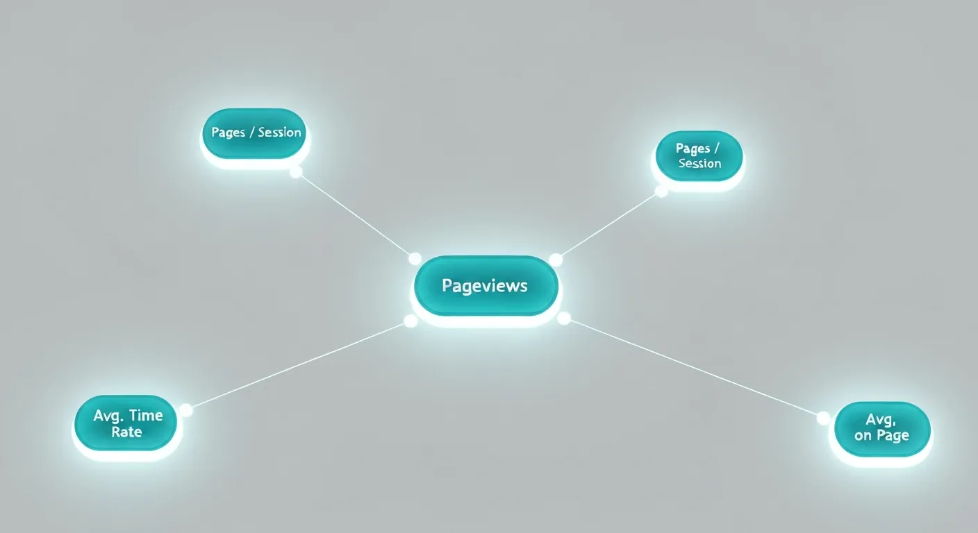 Schemat pokazujący, jak metryka 'Pageviews' jest połączona z innymi kluczowymi wskaźnikami analitycznymi, takimi jak 'Odsłony na sesję' i 'Współczynnik odrzuceń', co ilustruje potrzebę analizy kontekstowej.