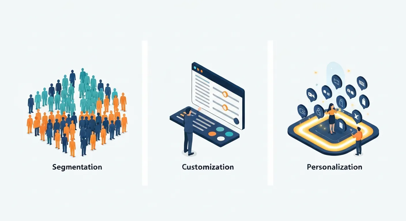 Ilustracja izometryczna wyjaśniająca różnicę między segmentacją, kastomizacją a personalizacją. Ukazuje trzy sceny: grupowanie ludzi, użytkownika dostosowującego interfejs oraz markę proaktywnie oferującą idealnie dopasowaną ścieżkę.