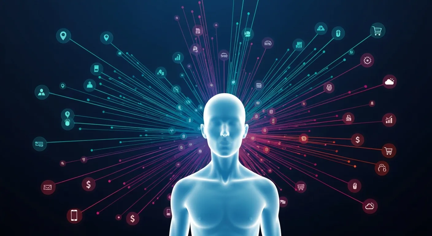 Abstrakcyjna wizualizacja danych pokazująca, jak różne źródła informacji tworzą 360-stopniowy profil klienta. Strumienie danych z ikonami demografii, zachowań i transakcji łączą się w jeden kompletny obraz.