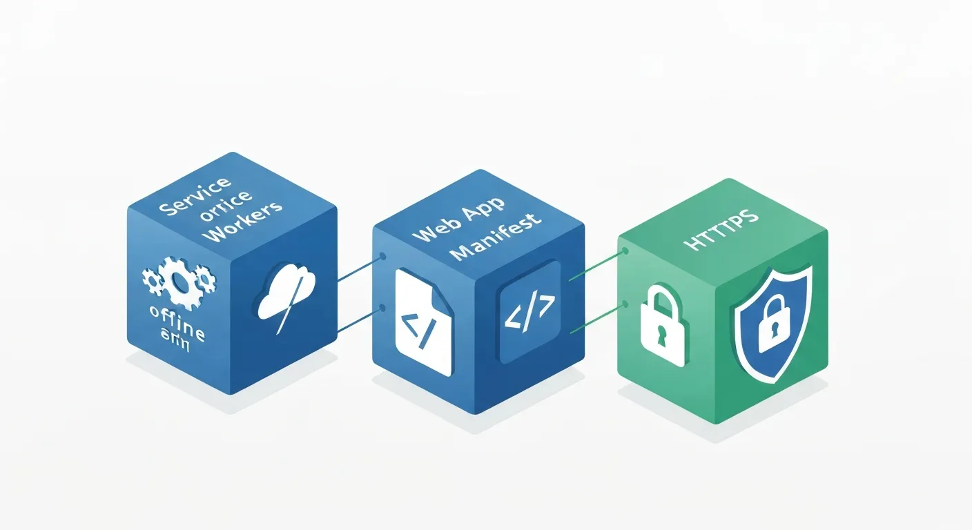 Ilustracja przedstawiająca trzy technologiczne filary PWA. Trzy bloki izometryczne: pierwszy z ikoną kół zębatych i symbolem offline dla Service Workers, drugi z ikoną aplikacji i plikiem JSON dla Web App Manifest, trzeci z tarczą i kłódką dla HTTPS.