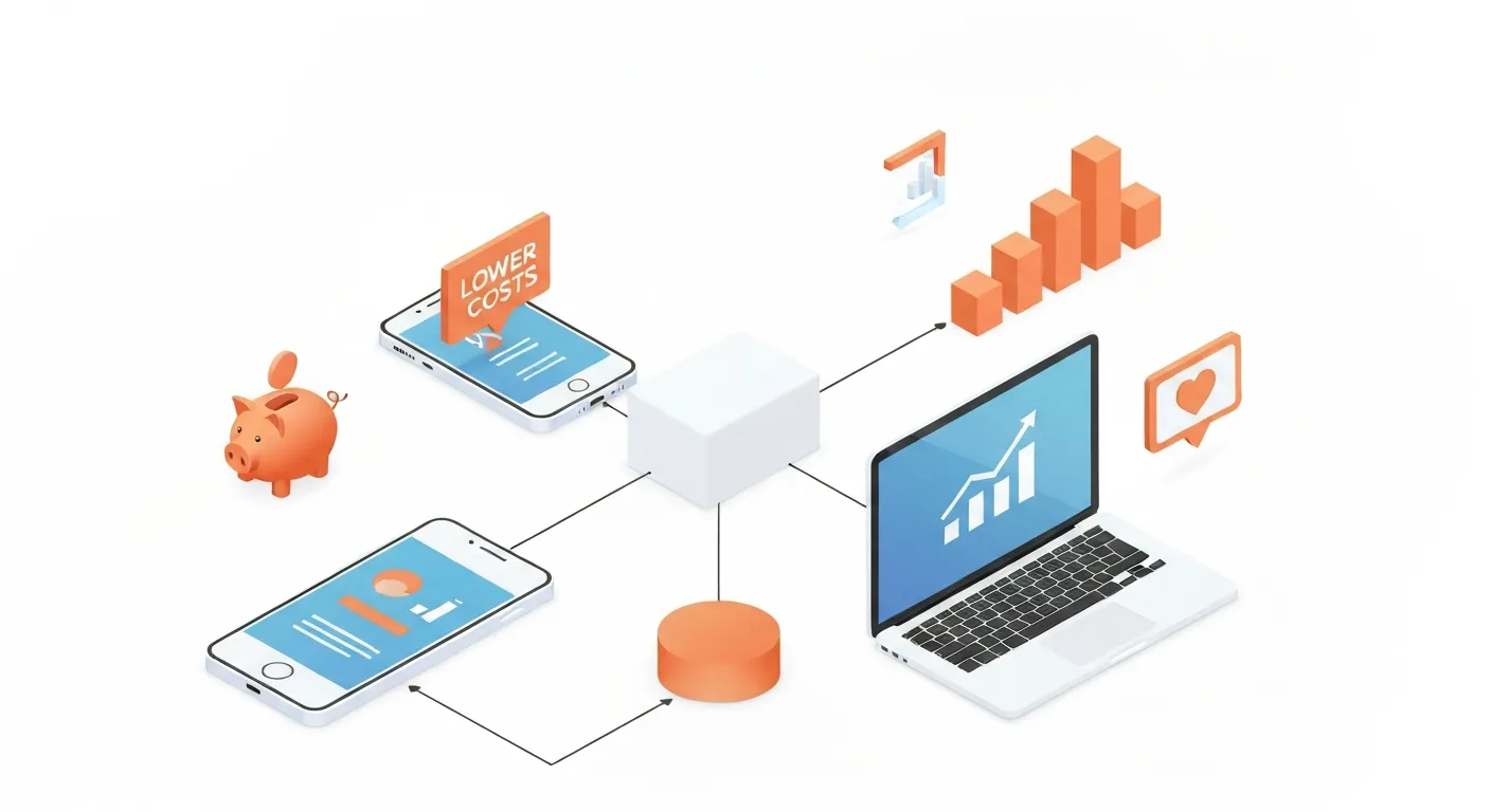 Grafika ilustrująca korzyści biznesowe PWA. Centralny element to blok kodu, od którego wychodzą strzałki do smartfona, tabletu i laptopa, pokazując uniwersalność. Dookoła znajdują się ikony symbolizujące niższe koszty (skarbonka), większy zasięg (megafon) i zaangażowanie (serce).