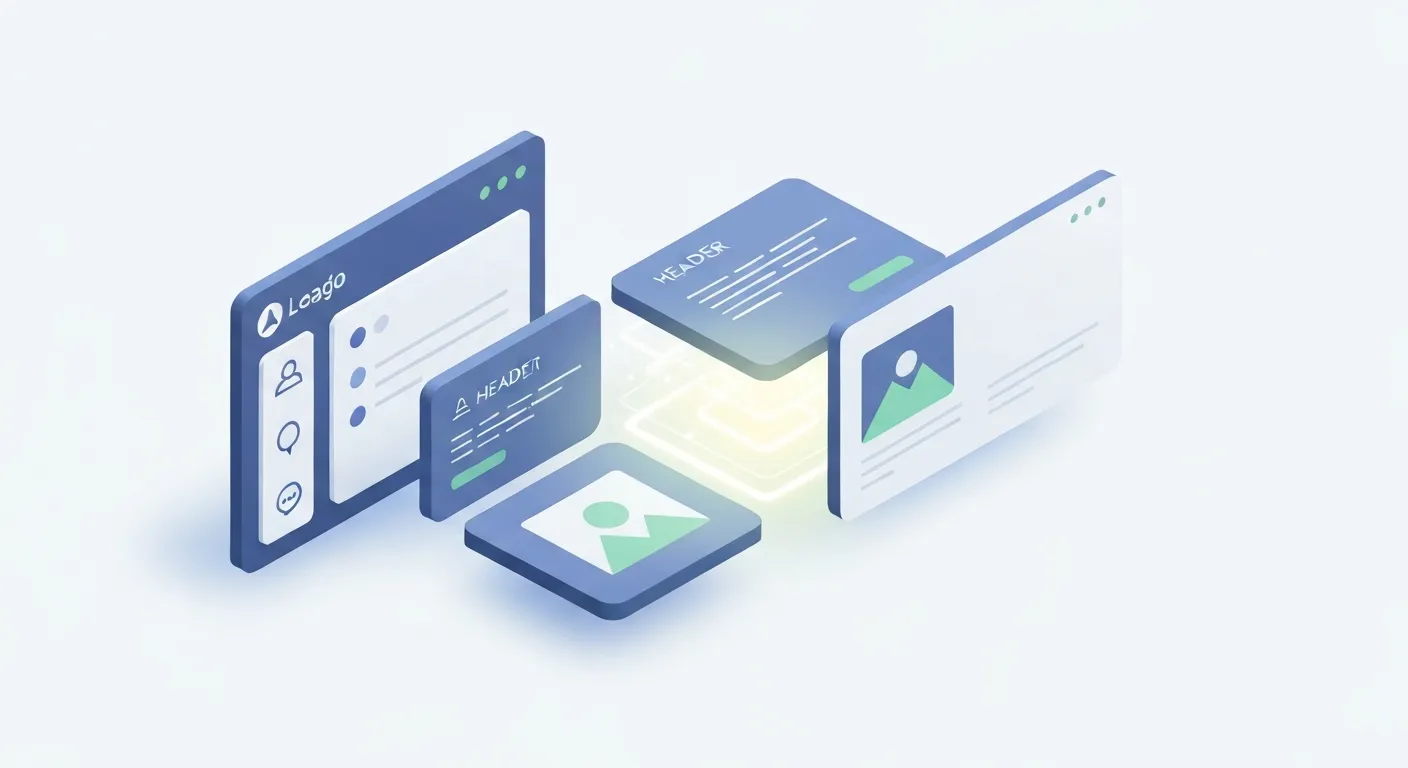 An isometric illustration demonstrating React's component-based architecture. A clean, white background features several distinct 3D blocks, resembling puzzle pieces or building blocks. Each block represents a UI component: one for a navigation bar, one for a user profile card, one for a search input. A pair of abstract digital hands is shown assembling these blocks into a cohesive webpage layout, illustrating the concept of building interfaces from reusable parts.