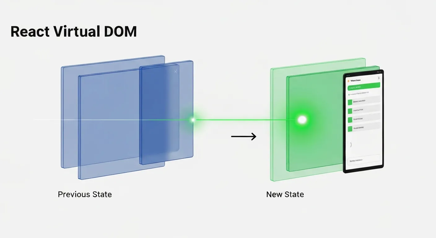A conceptual diagram explaining the React Virtual DOM. On the left, a faint, wireframe blueprint of a webpage is labeled 'Virtual DOM (Old)'. In the center, an identical blueprint labeled 'Virtual DOM (New)' has one small section highlighted with a bright red circle, indicating a change. A sleek arrow points from this highlighted section to the right, where a solid, fully rendered webpage shows only that single changed element being updated, demonstrating the efficiency of updating the 'Real DOM'.