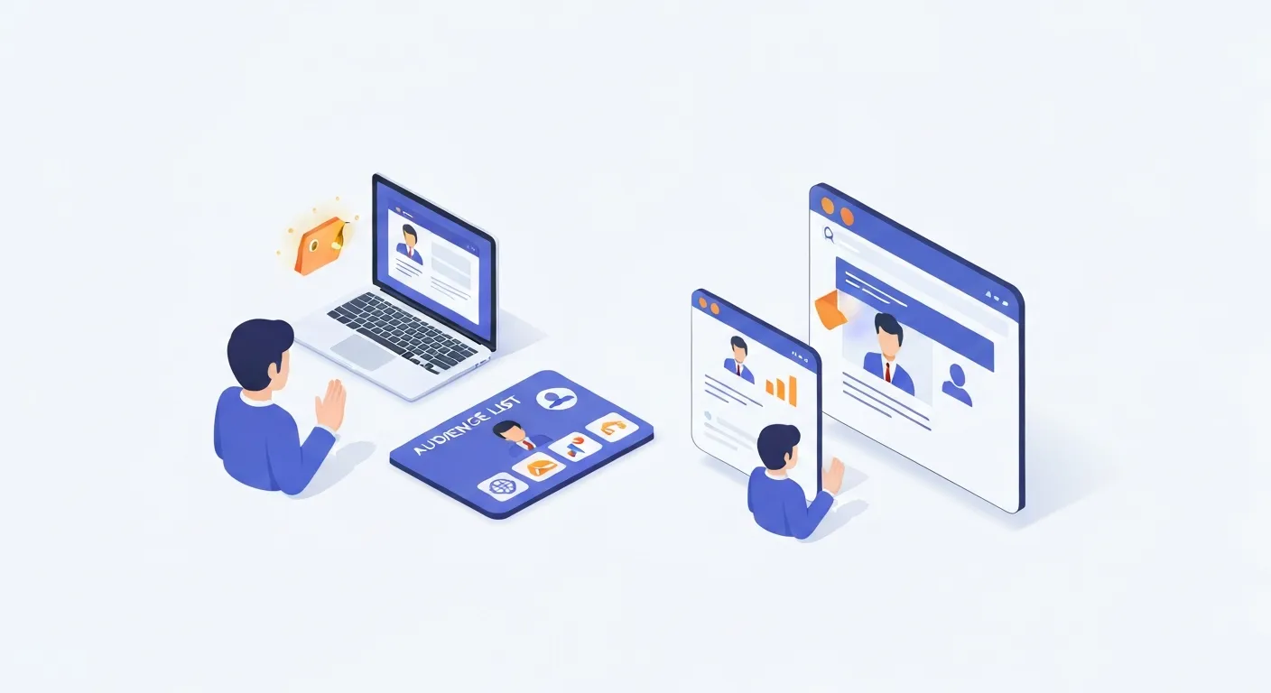 Diagram ilustrujący proces działania RLSA. Przedstawia użytkownika odwiedzającego stronę internetową, dodawanego do listy remarketingowej, a następnie wyszukującego w Google i widzącego spersonalizowaną reklamę tej samej marki.