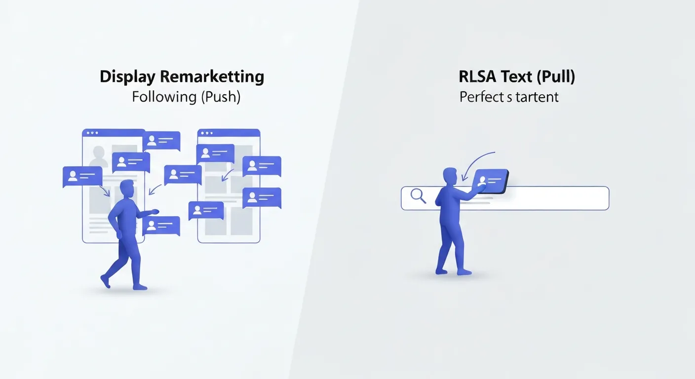 Porównawcza ilustracja ukazująca różnicę między remarketingiem displayowym ('push') a RLSA ('pull'). Po jednej stronie, reklamy banerowe śledzą użytkownika na różnych stronach. Po drugiej, ukierunkowana reklama w wyszukiwarce pojawia się, gdy użytkownik aktywnie korzysta z wyszukiwarki.