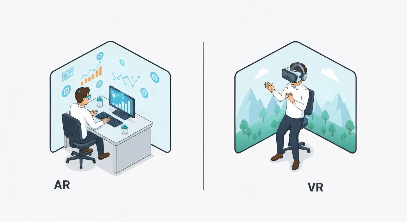 Ilustracja porównująca Rzeczywistość Rozszerzoną (AR) i Wirtualną (VR). Po lewej stronie osoba z okularami AR widzi cyfrowe obiekty nałożone na prawdziwy pokój. Po prawej, osoba w goglach VR jest całkowicie zanurzona w cyfrowym świecie, odcięta od rzeczywistości.