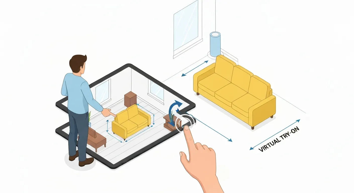 Ilustracja przedstawiająca zastosowanie AR w handlu. Osoba używa tabletu, aby wirtualnie umieścić trójwymiarowy model sofy w swoim salonie, sprawdzając, jak mebel będzie pasował do wnętrza przed zakupem.