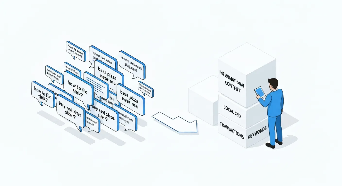 An isometric illustration comparing messy, real-world 'search queries' from users with the clean, organized 'keywords' that SEO specialists use for targeting.