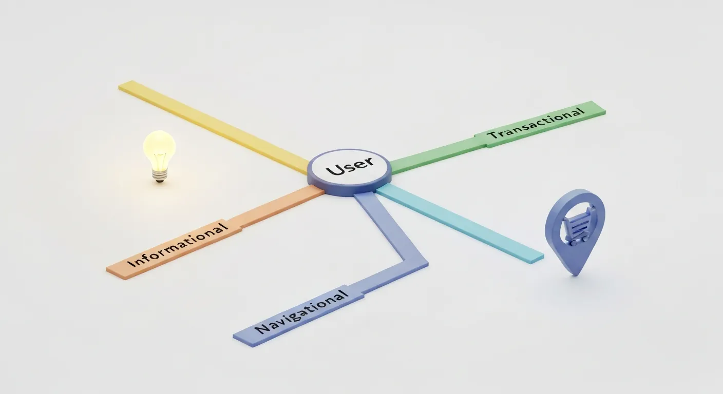 A conceptual diagram illustrating the three primary types of search query intent: informational (represented by a lightbulb), navigational (a map pin), and transactional (a shopping cart).