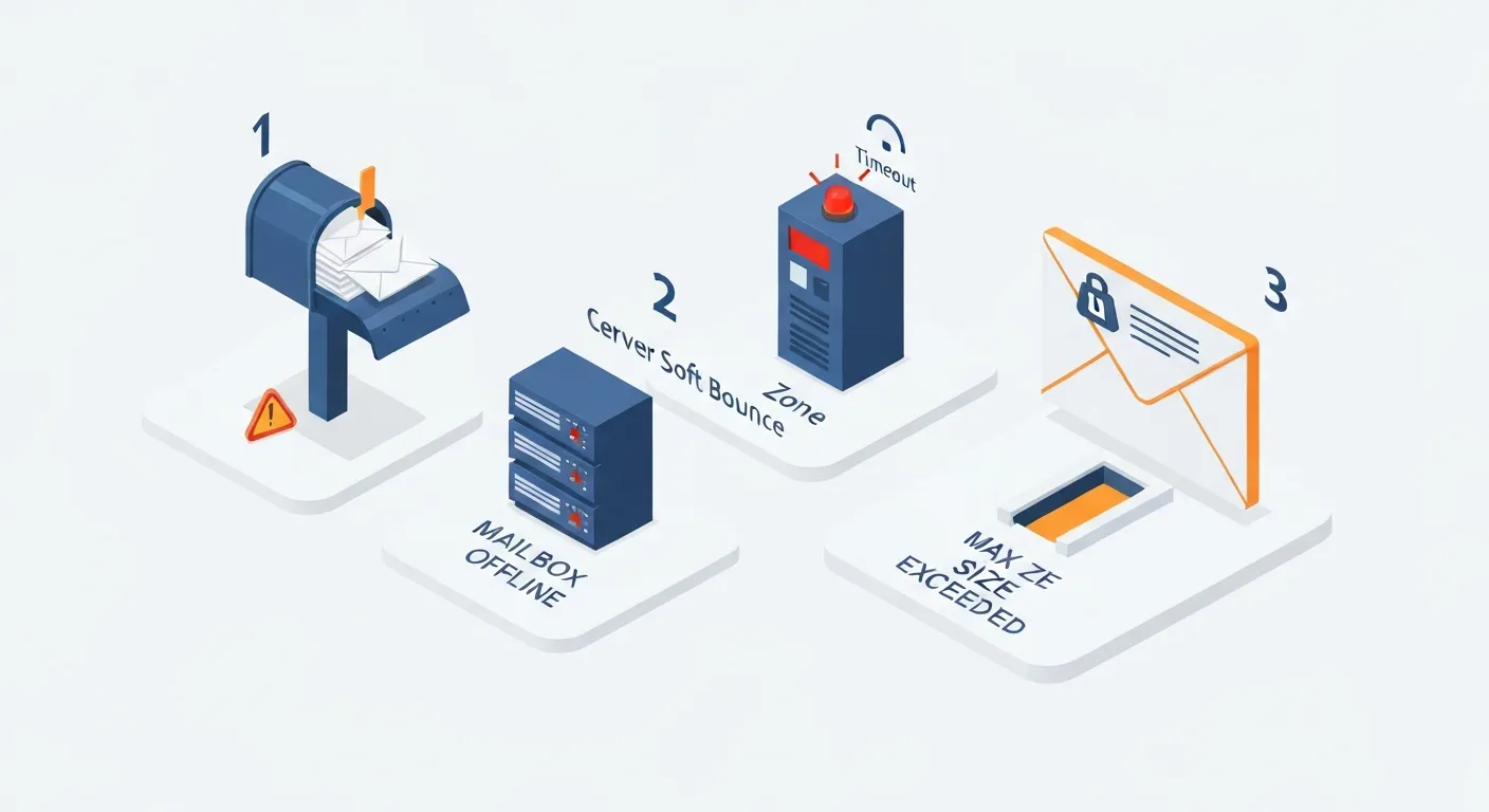 An isometric business illustration on a white background, showing three common reasons for a soft bounce. One scene shows a mailbox overflowing with letters, another shows a server that is offline with a loading icon, and a third shows an oversized email message that is too large to fit into a server port.