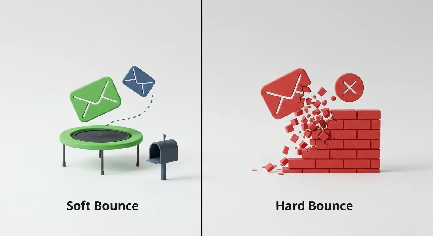 A clear, side-by-side comparison diagram illustrating the difference between a soft bounce and a hard bounce. On the left, an email bounces off a trampoline towards a mailbox. On the right, an email crashes into a solid brick wall and shatters.