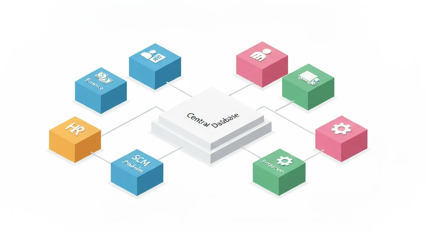 Ilustracja izometryczna pokazująca modułową budowę systemu ERP. W centrum znajduje się platforma z napisem 'Centralna Baza Danych', do której podłączone są różne, kolorowe moduły z ikonami: Finanse, HR, CRM, Magazyn (WMS), i Produkcja.