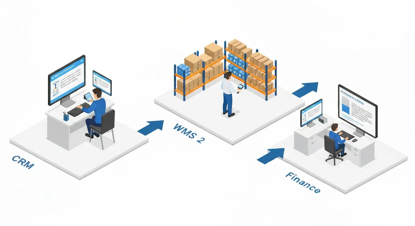 Infografika przedstawiająca przepływ informacji w systemie ERP w firmie handlowej. Sekwencja kroków: złożenie zamówienia przez klienta (CRM), automatyczna weryfikacja w magazynie (WMS), a następnie automatyczne fakturowanie w dziale finansów.