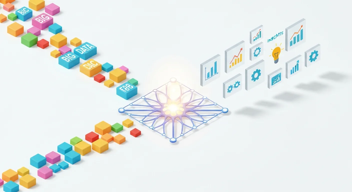 Izometryczna ilustracja przedstawiająca proces uczenia maszynowego. Chaotyczne bloki danych wpływają do centralnego procesora w kształcie sieci neuronowej, a na wyjściu pojawiają się uporządkowane wyniki, co symbolizuje, jak AI uczy się na podstawie informacji.