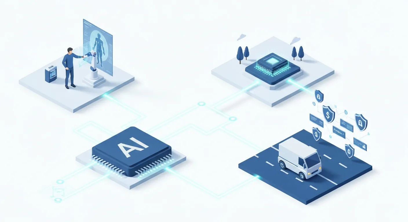 Wizualizacja wpływu sztucznej inteligencji na kluczowe branże. Centralny symbol AI połączony jest liniami danych z ikonami reprezentującymi medycynę, transport autonomiczny i finanse, ilustrując rewolucję technologiczną w tych sektorach.