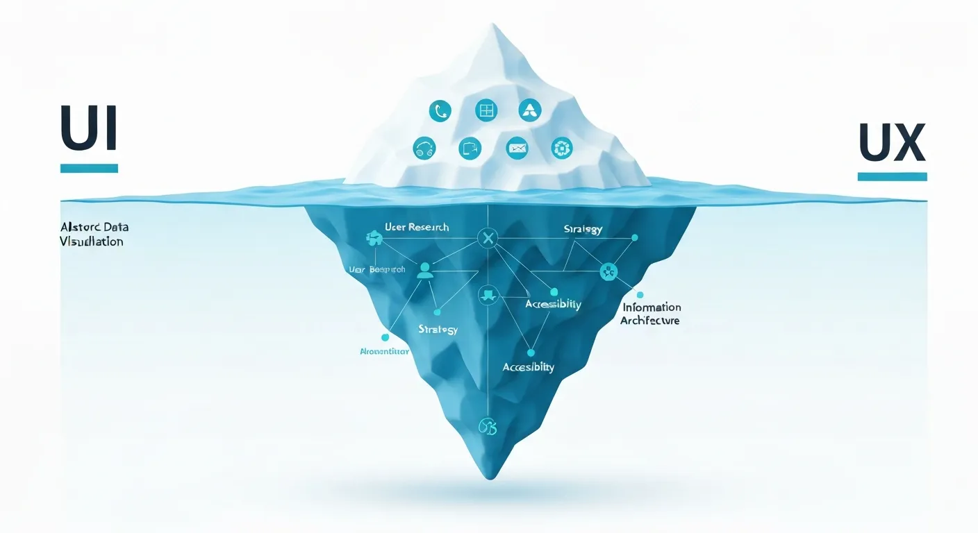 An iceberg infographic clearly distinguishing between UI (the visible tip with design elements) and UX (the massive submerged part representing strategy, research, and structure).