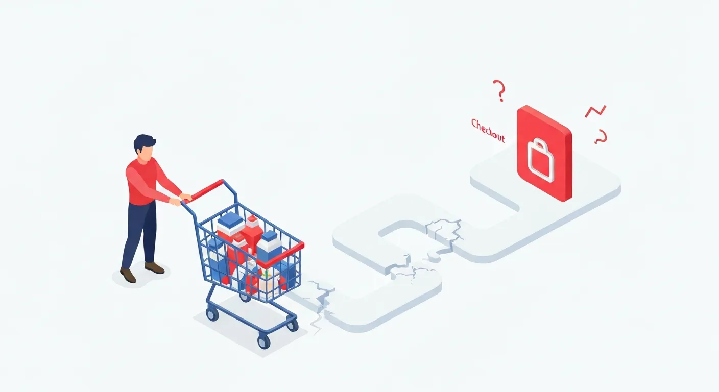 An isometric illustration showing a frustrated customer abandoning a digital shopping cart on a broken, confusing path, symbolizing lost e-commerce sales due to a poor user experience.