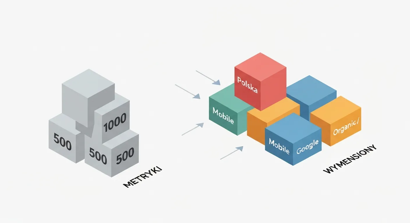 A conceptual illustration differentiating data dimensions from metrics. On one side are plain numerical blocks labeled 'Metrics', and on the other are colorful, descriptive blocks labeled 'Dimensions' like 'Country' and 'Device', showing how dimensions categorize metrics.