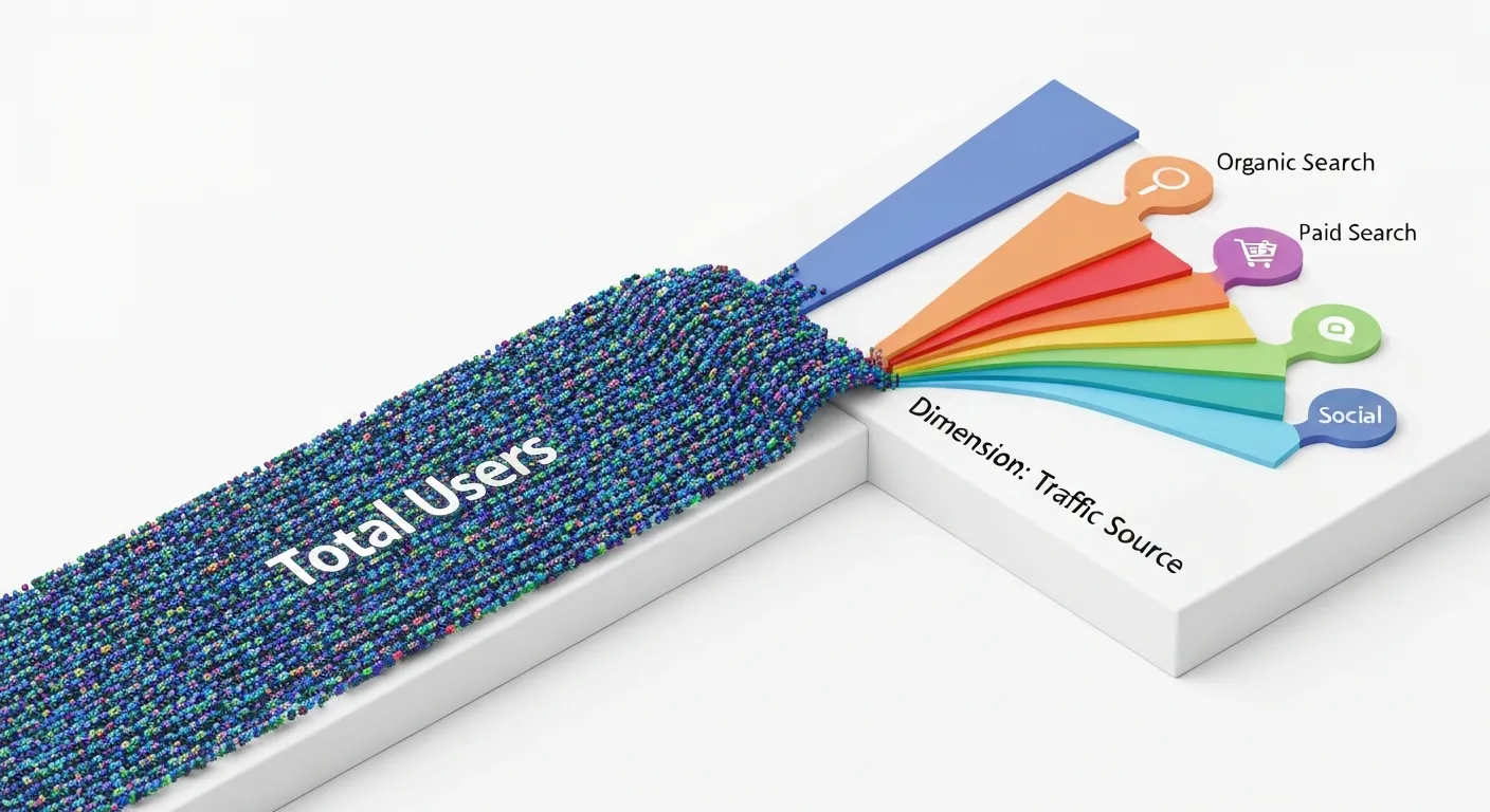 An infographic illustrating how a marketing dimension like 'Traffic Source' segments total website traffic. A large data stream is split into smaller, color-coded channels like 'Organic Search', 'Paid Social', and 'Direct', each with a relevant icon.