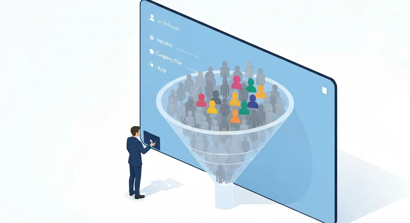 An isometric illustration showing the process of building a targeted contact list. A person uses a large interface to filter a large, diverse crowd of people into a small, specific group, symbolizing the creation of an Ideal Customer Profile (ICP).