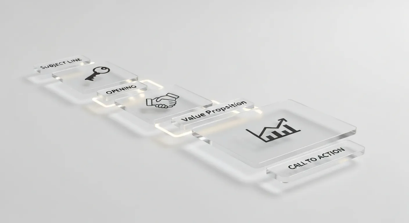 An abstract visualization of the anatomy of an effective cold email. The email is broken down into four distinct, interconnected blocks: Subject Line, Personalized Opening, Value Proposition, and Call-to-Action, each with a relevant icon.