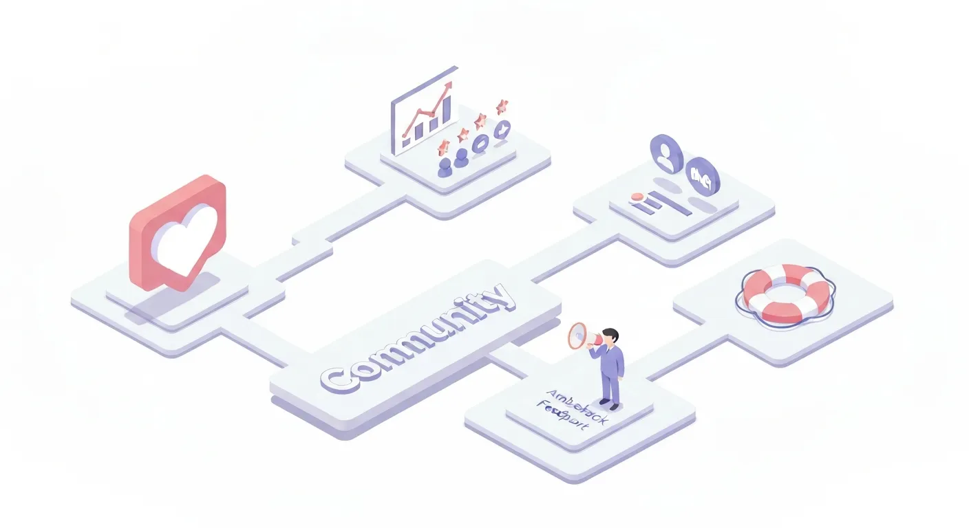 Izometryczna ilustracja przedstawiająca kluczowe korzyści z zarządzania społecznością. Centralny hub 'Społeczność' jest połączony ze strefami symbolizującymi lojalność, feedback od klientów, ambasadorów marki i wsparcie klienta.