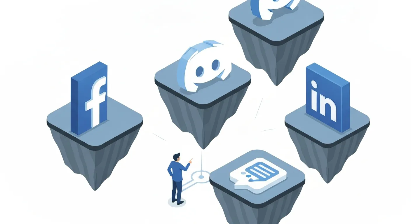 Ilustracja przedstawiająca strategiczny wybór platformy do budowania społeczności. Osoba stoi przed różnymi opcjami, takimi jak grupy na Facebooku, Discord, fora internetowe i LinkedIn, symbolizującymi podjęcie ważnej decyzji.