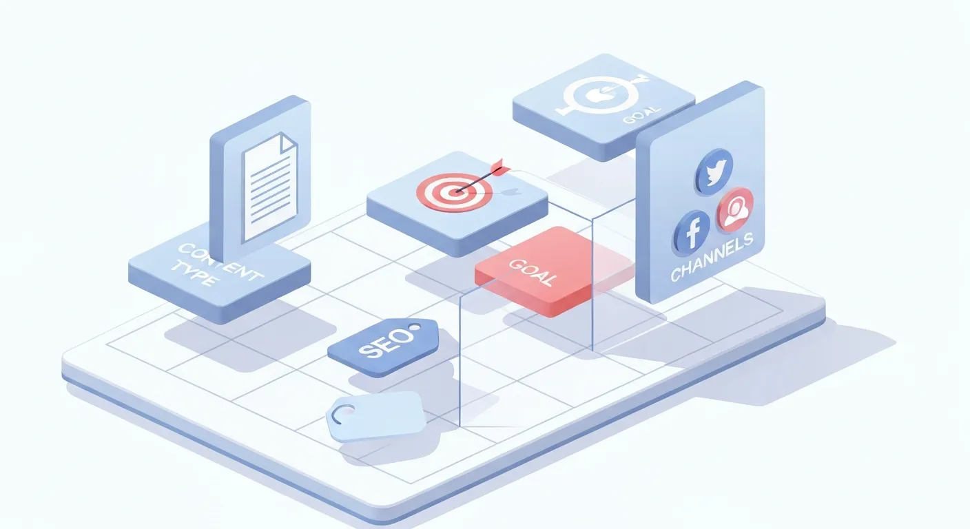 An isometric illustration showing the different components of a content calendar, such as topic, format, channel, and goal, being assembled like building blocks.