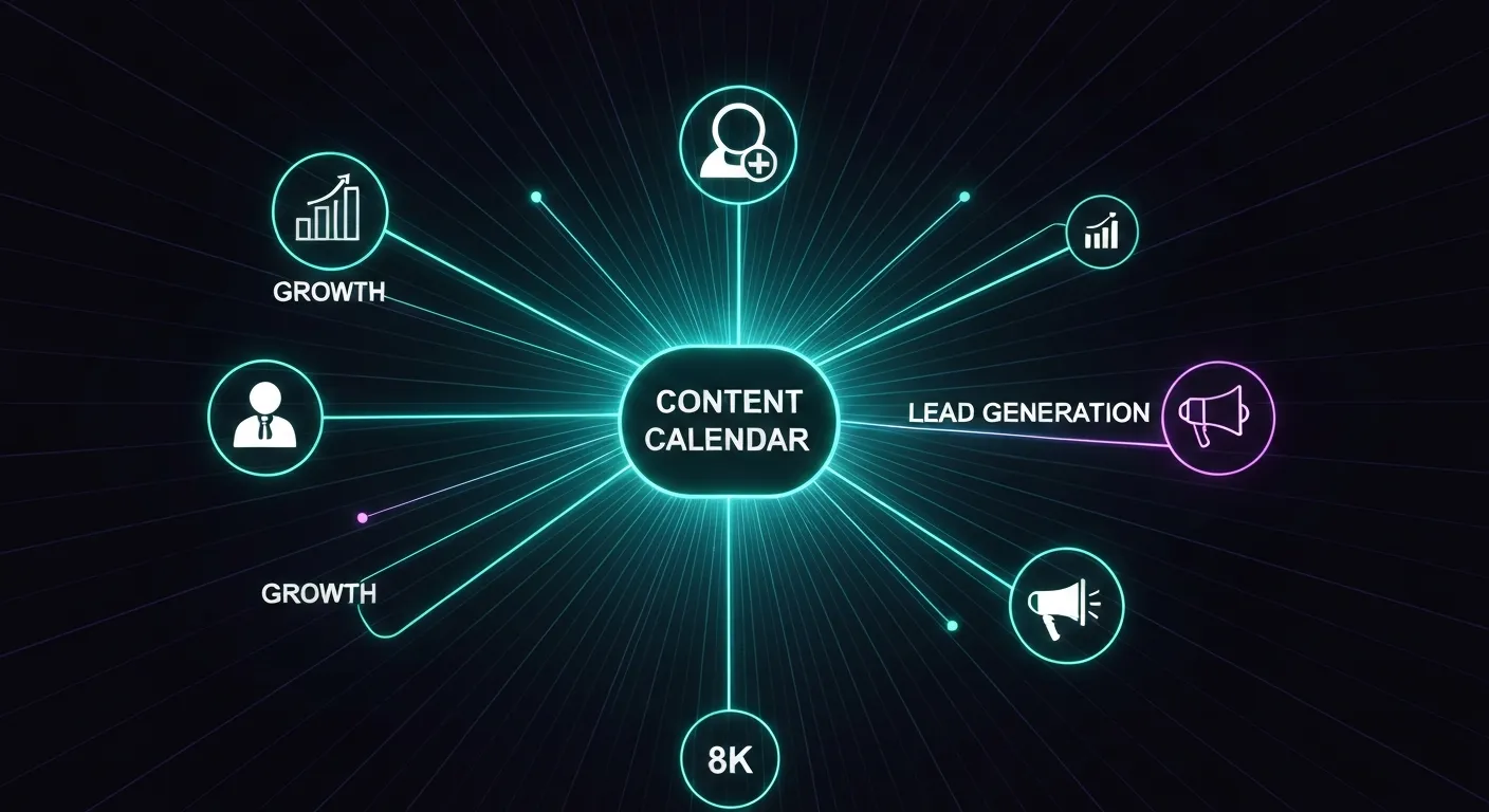 An abstract visualization showing a central content calendar hub connecting directly to key business goals like growth, lead generation, and brand awareness.