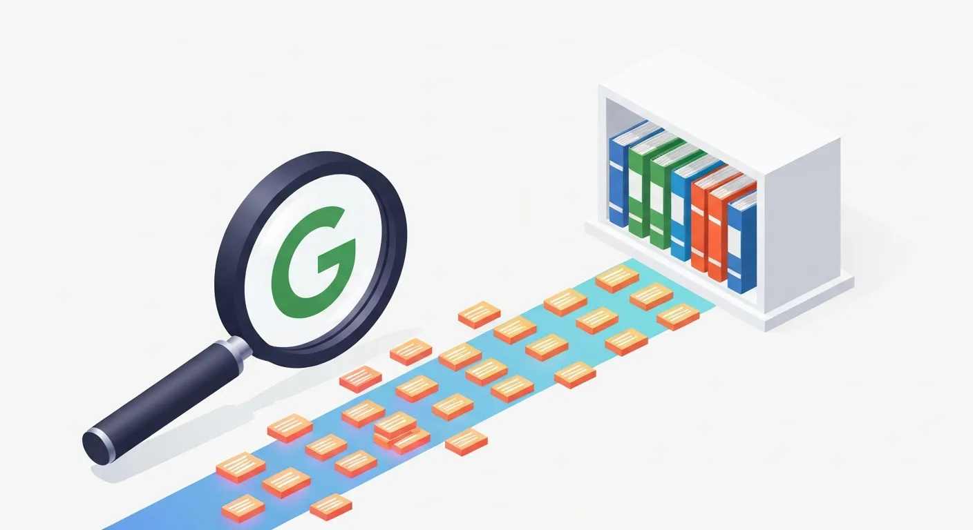 Wizualizacja algorytmu Google 'Query Deserves Freshness', gdzie lupa skupia się na dynamicznym strumieniu nowych danych, a nie na statycznych, starszych informacjach, pokazując priorytet dla świeżych treści.