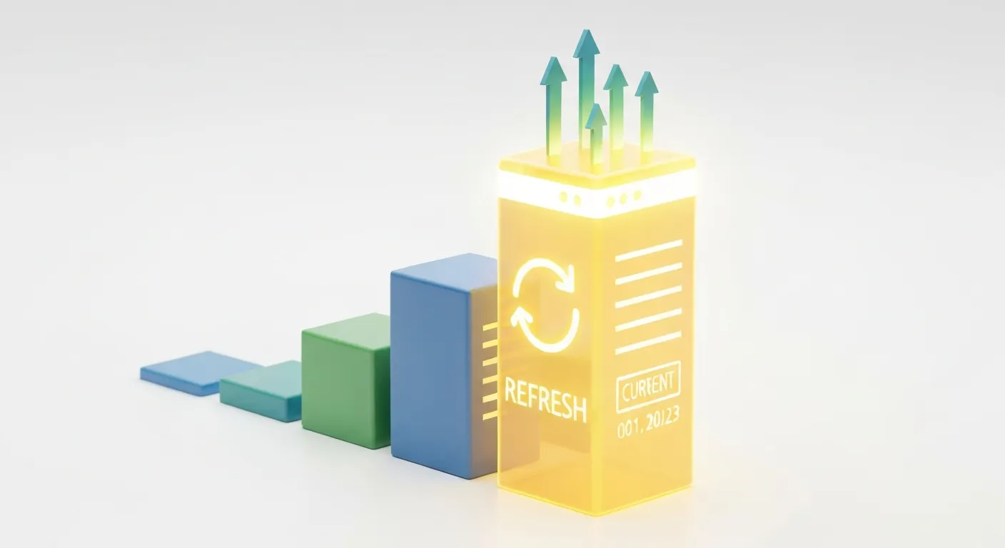 Abstrakcyjny wykres słupkowy, w którym najwyższy słupek, reprezentujący zaktualizowaną stronę internetową z ikoną odświeżania, przewyższa inne, starsze strony, co ilustruje przewagę konkurencyjną w SEO.